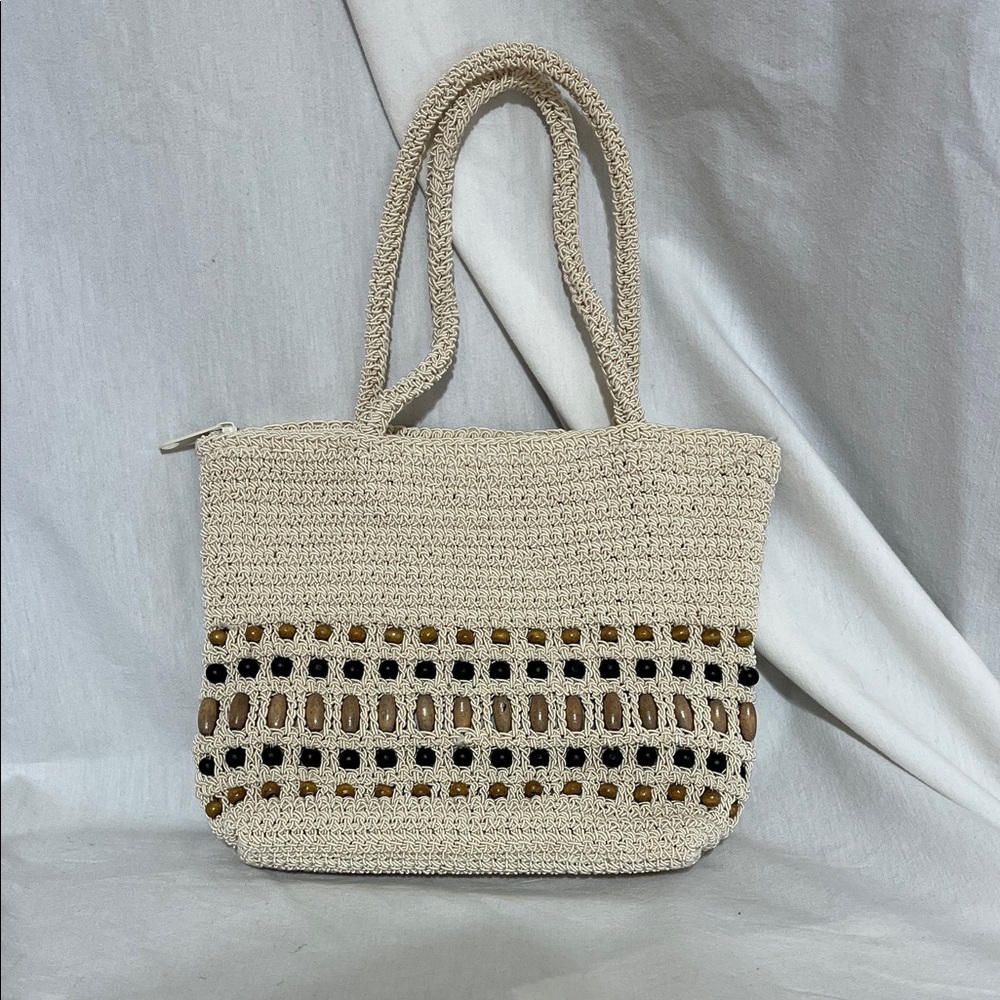 Carlo D’Santi Cream Crochet Small Hand Bag with Beaded Accents